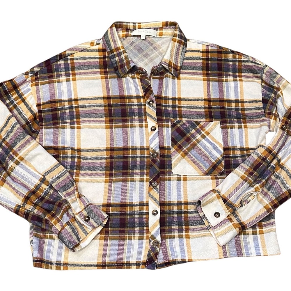 Eden & Olivia Plaid Top Large Purple Camel White Excellent Cropped Boxy Fit